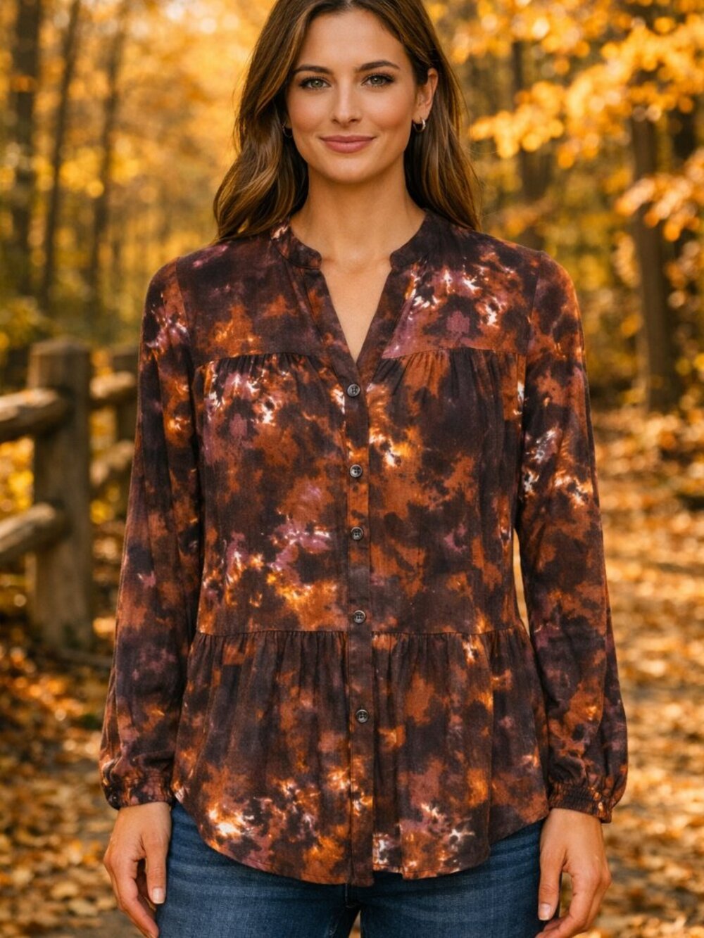 Boho Button-Down Ruffle Shirt Long Sleeves Plum Multicolor Christopher & Banks S